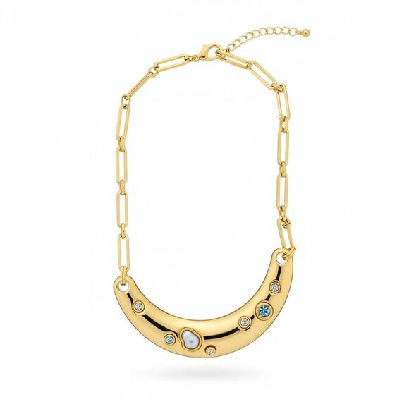 INC International Concepts Jewelry - INC Gold Tone Crescent Necklace Blue Crystal Stone Statement Collar NEW